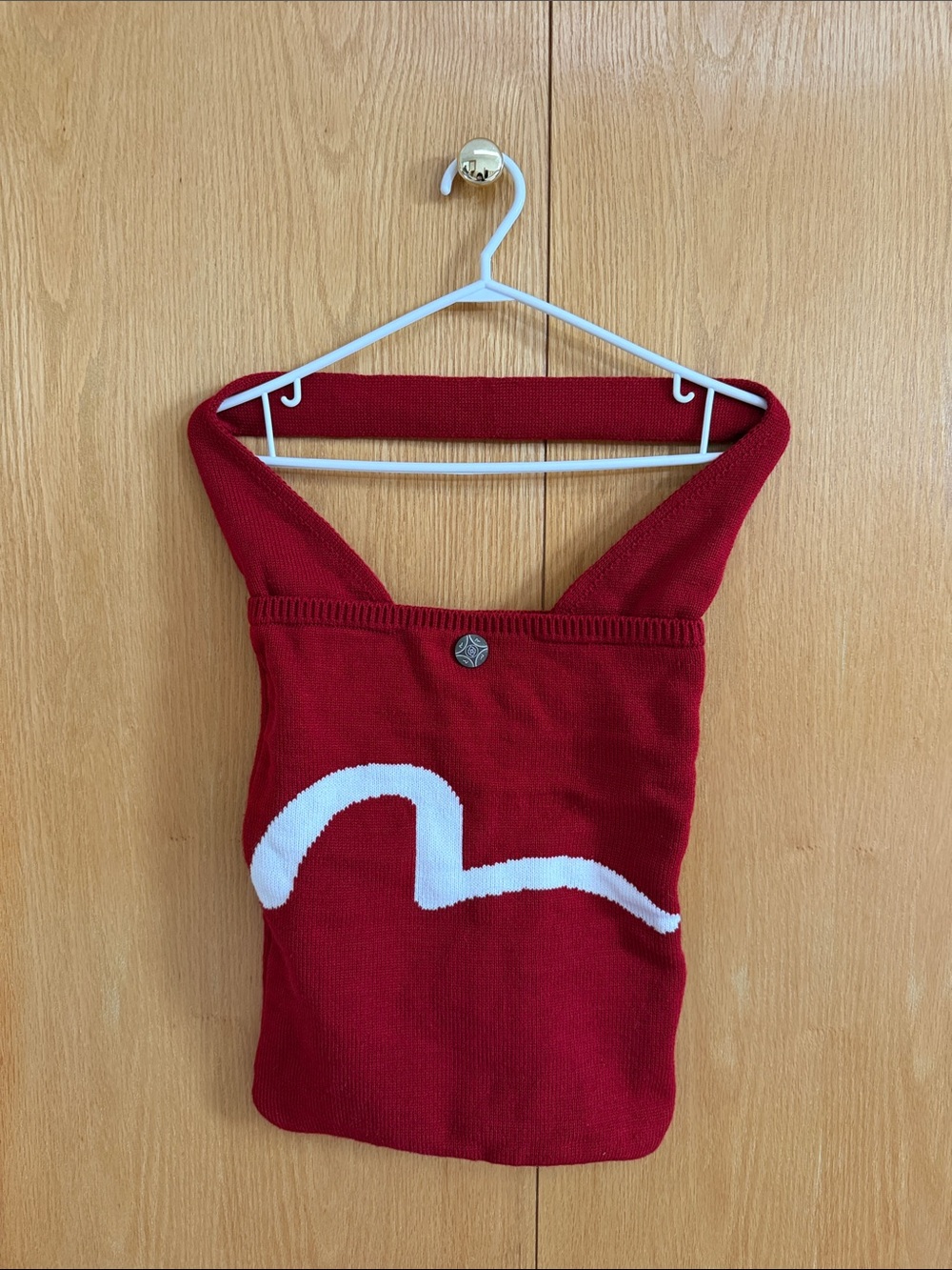 Evisu Red Knit Shoulder Bag with White Wave